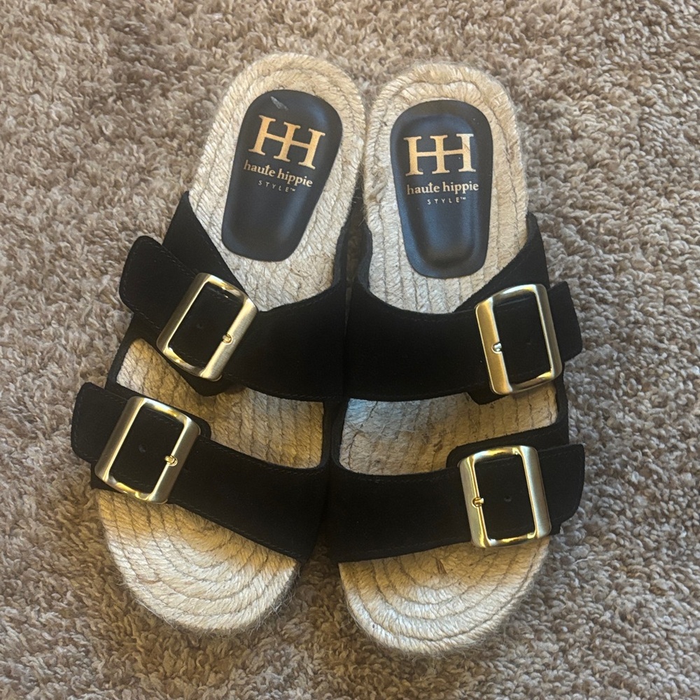 Haute Hippie Black Sandals with Gold Buckles